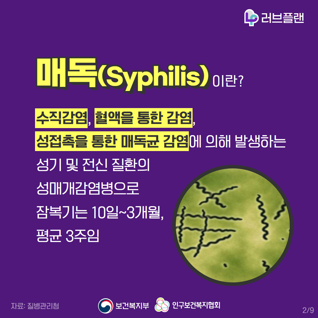 러브플랜로고,매독(Syphilis)이란?,수직감염,혈액을 통한 감염, 성접촉을 통한 매독균 감염에 의해 발생하는 성기 및 전신 질환의 성매개감염병으로 잠복기는 10일~3개월,평균 3주임,자료: 질병관리청,보건복지부로고,인구보건복지협회로고
