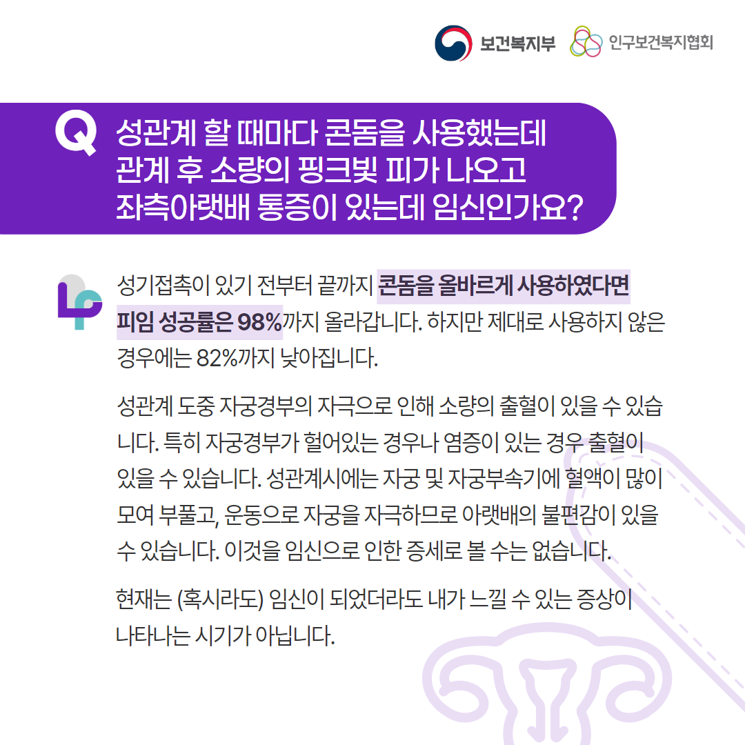 보건복지부 로고, 인구보건복지협회 로고, Q 성관계 할 때마다 콘돔을 사용했는데 관계 후 소량의 핑크빛 피가 나오고 좌측아랫배 통증이 있는데 임신인가요?, 성기접촉이 있기 전부터 끝까지 콘돔을 올바르게 사용하였다면 피임 성공률은 98%까지 올라갑니다. 하지만 제대로 사용하지 않은 경우에는 82%까지 낮아집니다.성관계 도중 자궁경부의 자극으로 인해 소량의 출혈이 있을 수 있습니다. 특히 자궁경부가 헐어있는 경우나 염증이 있는 경우 출혈이 있을 수 있습니다. 성관계시에는 자궁 및 자궁부속기에 혈액이 많이 모여 부풀고, 운동으로 자궁을 자극하므로 아랫배의 불편감이 있을 수 있습니다. 이것을 임신으로 인한 증세로 볼 수는 없습니다.현재는 (혹시라도) 임신이 되었더라도 내가 느낄 수 있는 증상이 나타나는 시기가 아닙니다.