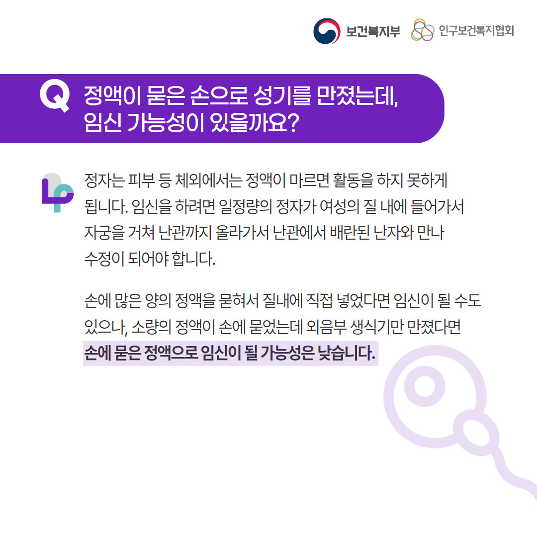 보건복지부 로고, 인구보건복지협회 로고, Q 정액이 묻은 손으로 성기를 만졌는데 임신가능성이 있을까요?, 정자는 피부 등 체외에서는 정액이 마르면 활동을 하지 못하게 됩니다. 임신을 하려면 일정량의 정자가 여성의 질 내에 들어가서 자궁을 거쳐 난관까지 올라가서 난관에서 배란된 난자와 만나 수정이 되어야 합니다.손에 많은 양의 정액을 묻혀서 질내에 직접 넣었다면 임신이 될 수도 있으나, 소량의 정액이 손에 묻었는데 외음부 생식기만 만졌다면 손에 묻은 정액으로 임신이 될 가능성은 낮습니다.