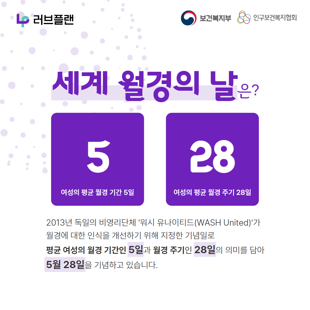 러브플랜 로고,보건복지부 로고,인구보건복지협회 로고,세계 월경의 날은? 5 여성의 평균 월경기간 5일,28 여성의 평균 월경 주기 28일,2013년 독일의 비영리단체 '워시 유나이티드(WASH United)'가 월경에 대한 인식을 개선하기 위해 지정한 기념일로 평균 여성의 월경기간인 5일과 월경주기인 28일의 의미를 담아 5월 28일을 기념하고 있습니다.
