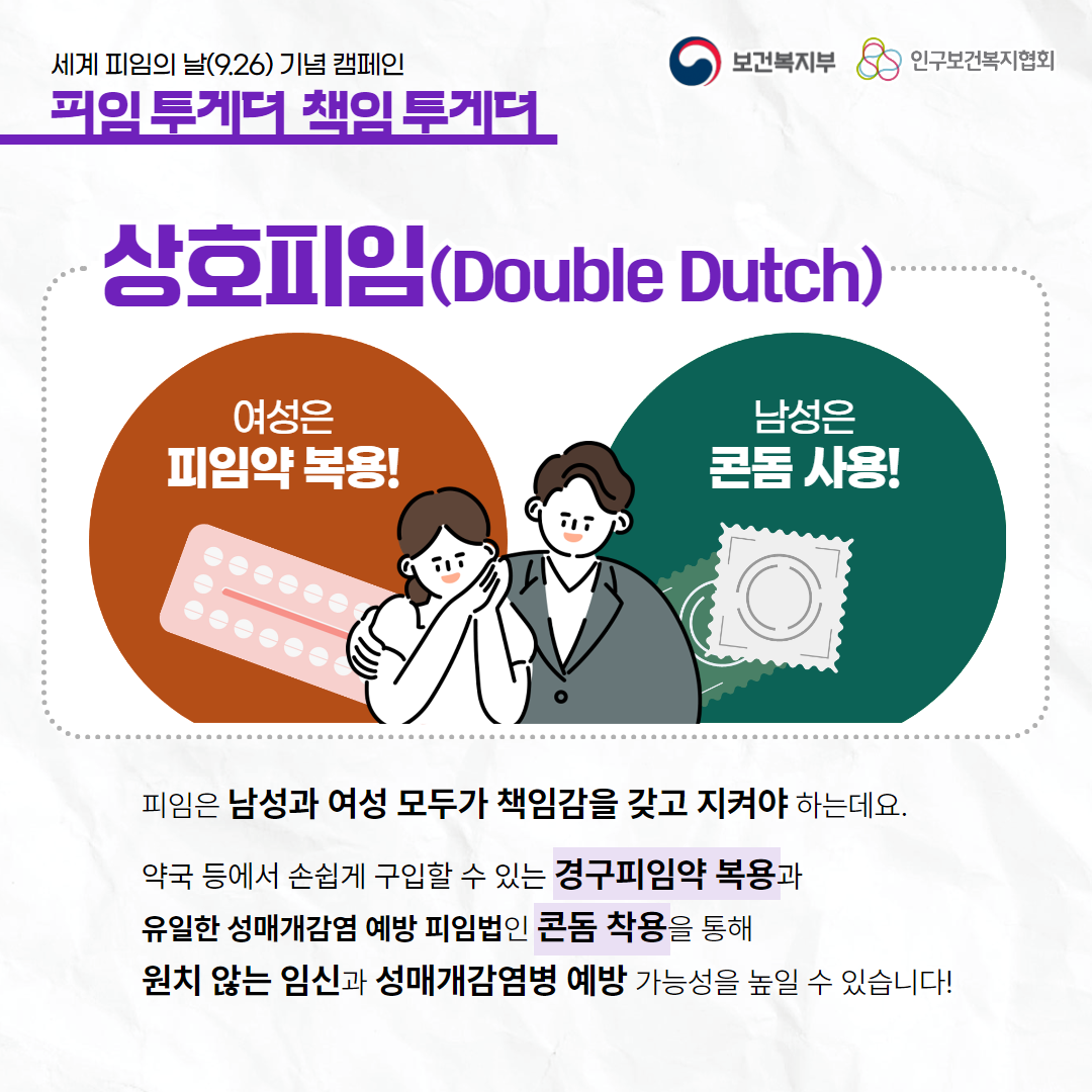 세계 피임의 날(9.26) 기념 캠페인,피임 투게더 책임 투게더,보건복지부 로고,인구보건복지협회 로고,상호피임(Double Dutch),여성은 피임약 복용!,남성은 콘돔 사용!,피임은 남성과 여성 모두가 책임감을 갖고 지켜야 하는데요.약국 등에서 손쉽게 구입할 수 있는 경구피임약 복용과 유일한 성매개감염 예방 피임법인 콘돔 착용을 통해 원치 않는 임신과 성매개감염병 예방 가능성을 높일 수 있습니다!