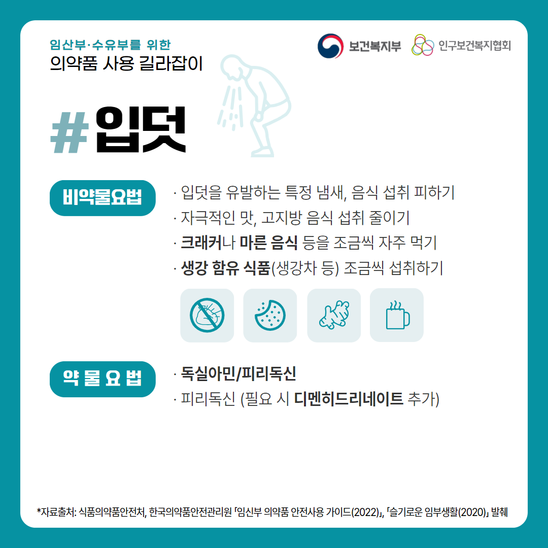 임산부·수유부를 위한 의약품 사용 길라잡이,보건복지부 로고,인구보건복지협회 로고,입덧,비약물요법,· 입덧을 유발하는 특정 냄새, 음식 섭취 피하기,· 자극적인 맛, 고지방 음식 섭취 줄이기,· 크래커나 마른 음식 등을 조금씩 자주 먹기,· 생강 함유 식품(생강차 등) 조금씩 섭취하기,약물요법,· 독실아민/피리독신,· 피리독신 (필요 시 디멘히드리네이트 추가),*자료출처: 식품의약품안전처, 한국의약품안전관리원 「임신부 의약품 안전사용 가이드(2022)」, 「슬기로운 임부생활(2020)」 발췌