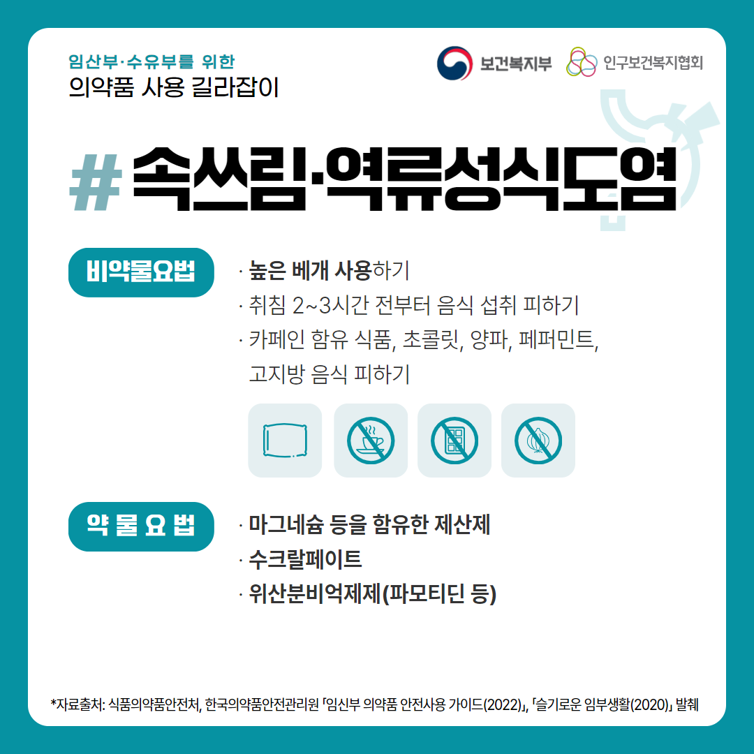 임산부·수유부를 위한 의약품 사용 길라잡이,보건복지부 로고,인구보건복지협회 로고,속쓰림·역류성식도염,비약물요법,· 높은 베개 사용하기,· 취침 2~3시간 전부터 음식 섭취 피하기,· 카페인 함유 식품, 초콜릿, 양파, 페퍼민트,고지방 음식 피하기,약물요법,· 마그네슘 등을 함유한 제산제,· 수크랄페이트,· 위산분비억제제(파모티딘 등),*자료출처: 식품의약품안전처, 한국의약품안전관리원 「임신부 의약품 안전사용 가이드(2022)」, 「슬기로운 임부생활(2020)」 발췌