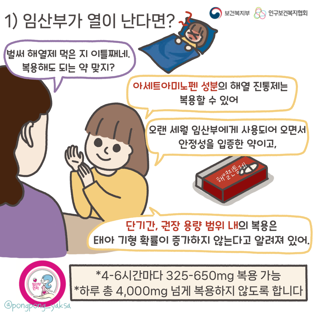 보건복지부 로고,인구보건복지협회 로고,1) 임산부가 열이 난다면?,벌써 해열제 먹은 지 이틀째네,복용해도 되는 약 맞지?,아세트아미노펜 성분의 해열 진통제는 복용할 수 있어,오랜 세월 임산부에게 사용되어 오면서 안정성을 입증한 약이고,단기간, 권장 용량 범위 내의 복용은 태아 기형 확률이 증가하지 않는다고 알려져 있어,*4-6시간마다 325-650mg 복용 가능,*하루 총 4000mg 넘게 복용하지 않도록 합니다,@pongpong_yaksa