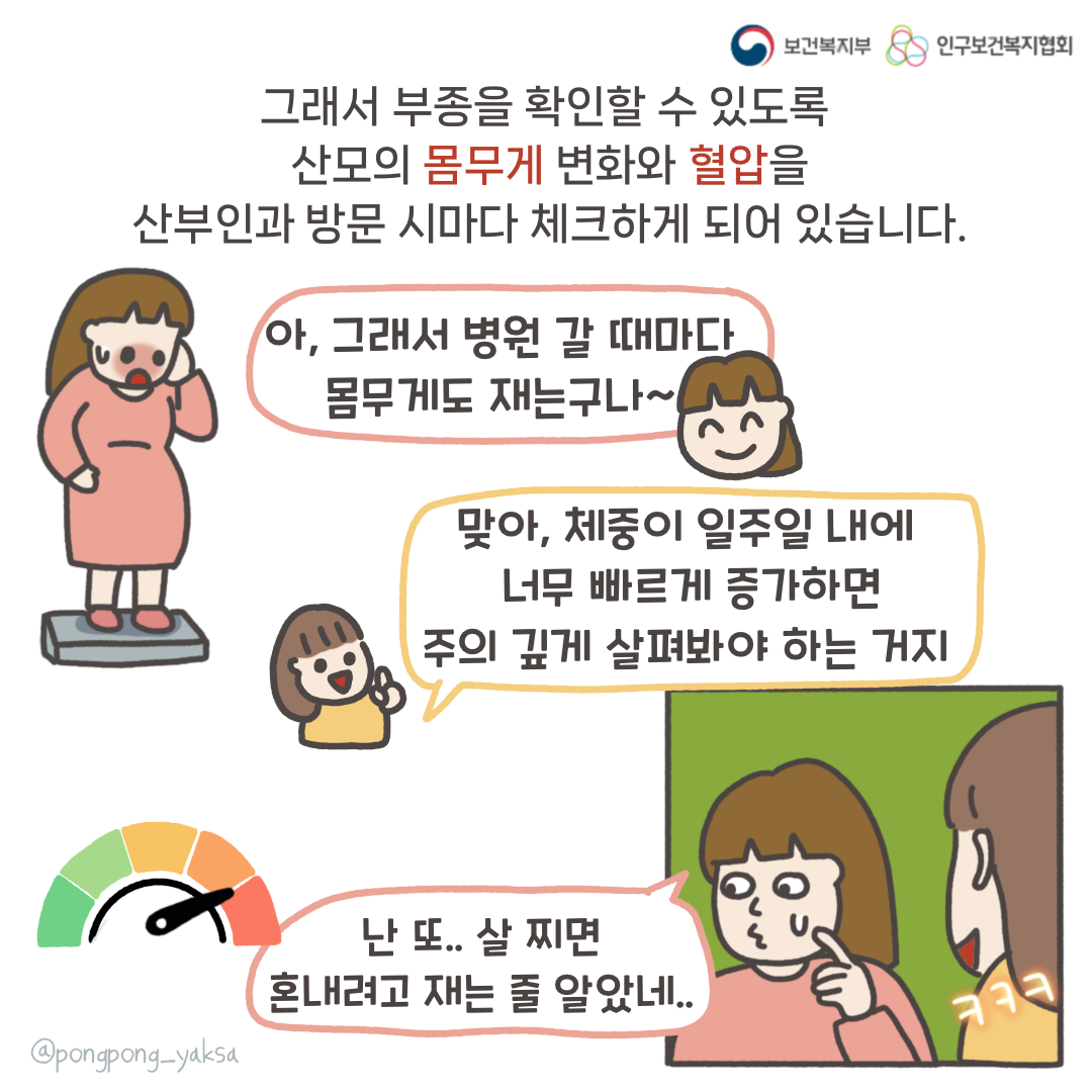 보건복지부 로고,인구보건복지협회 로고,그래서 부종을 확인할 수 있도록 산모의 몸무게 변화와 혈압을 산부인과 방문 시마다 체크하게 되어 있습니다.,아 그래서 병원 갈 때마다 몸무게도 재는구나~,맞아 체중이 일주일 내에 너무 빠르게 증가하면 주의 깊게 살펴봐야 하는 거지,난 또.. 살찌면 혼내려고 재는 줄 알았네..,ㅋㅋㅋ,@pongpong_yaksa