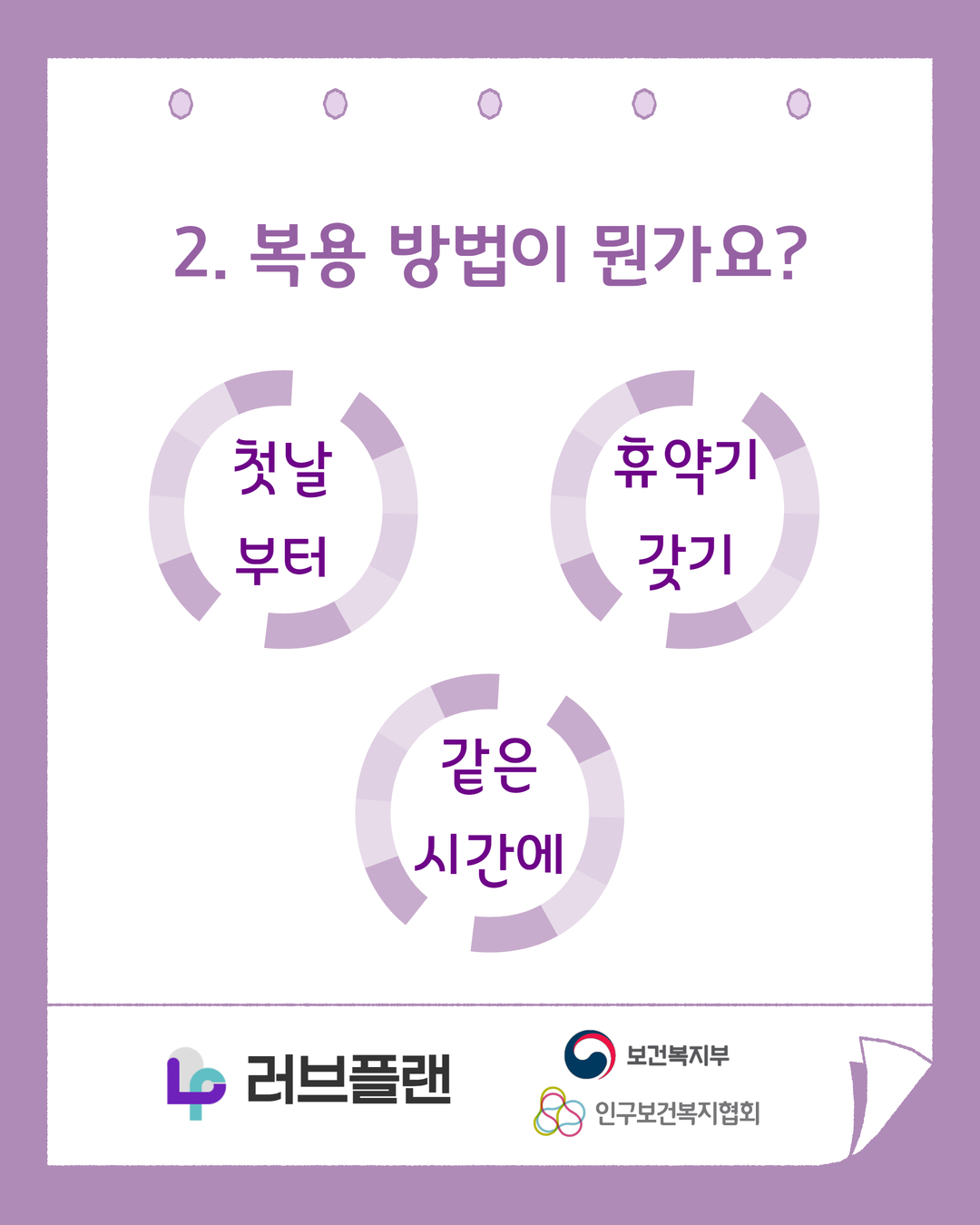 2. 복용 방법이 뭔가요?, 첫날부터, 같은 시간에, 휴약기 갖기, 러브플랜 로고, 보건복지부 로고, 인구보건복지협회 로고