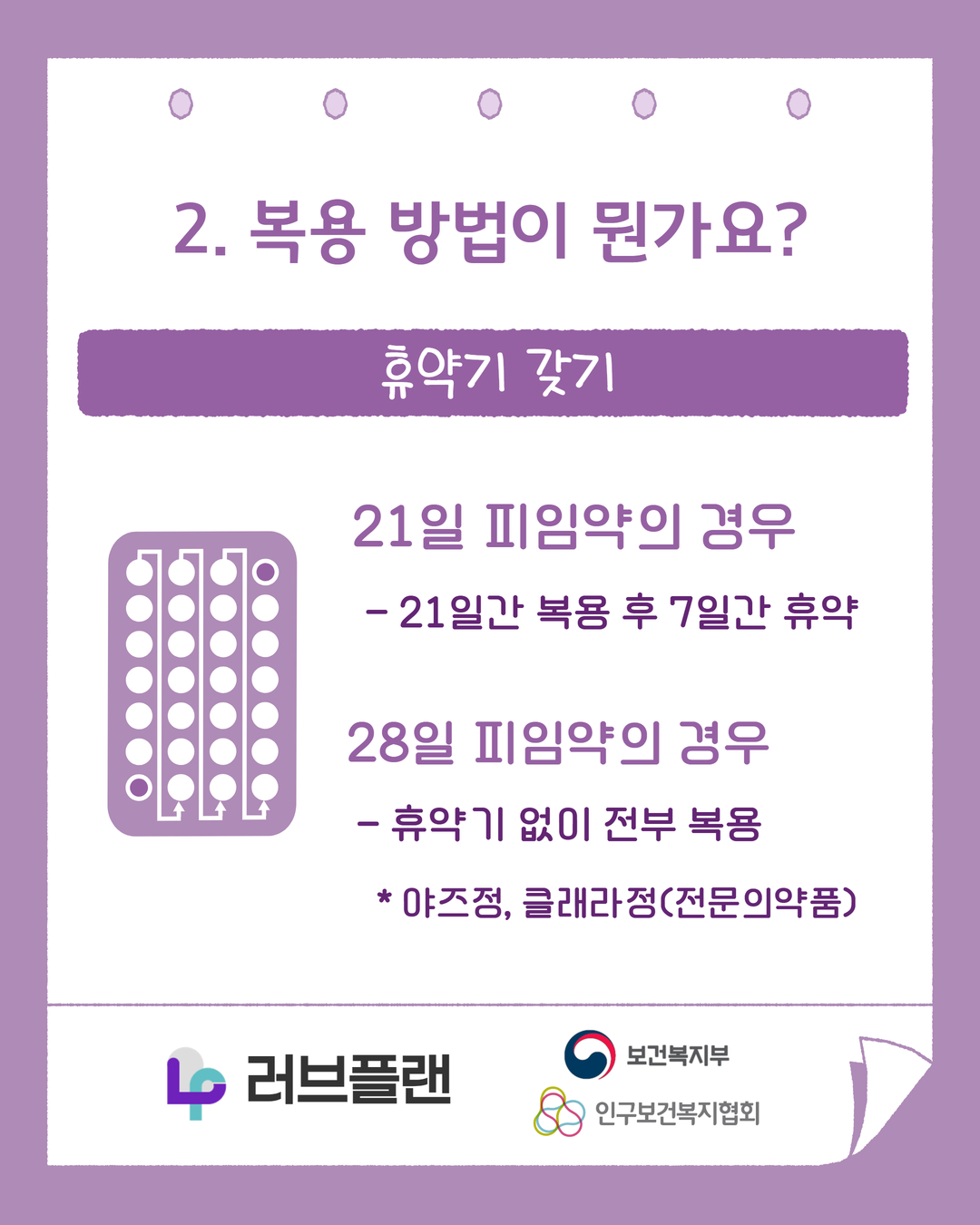 2. 복용 방법이 뭔가요? 휴약기 갖기, 21일 피임약의 경우, 21일간 복용 후 7일간 휴약, 28일 피임약의 경우, 휴약기 없이 전부 복용, 야즈정, 클래라정(전문의약품), 러브플랜 로고, 보건복지부 로고, 인구보건복지협회 로고
