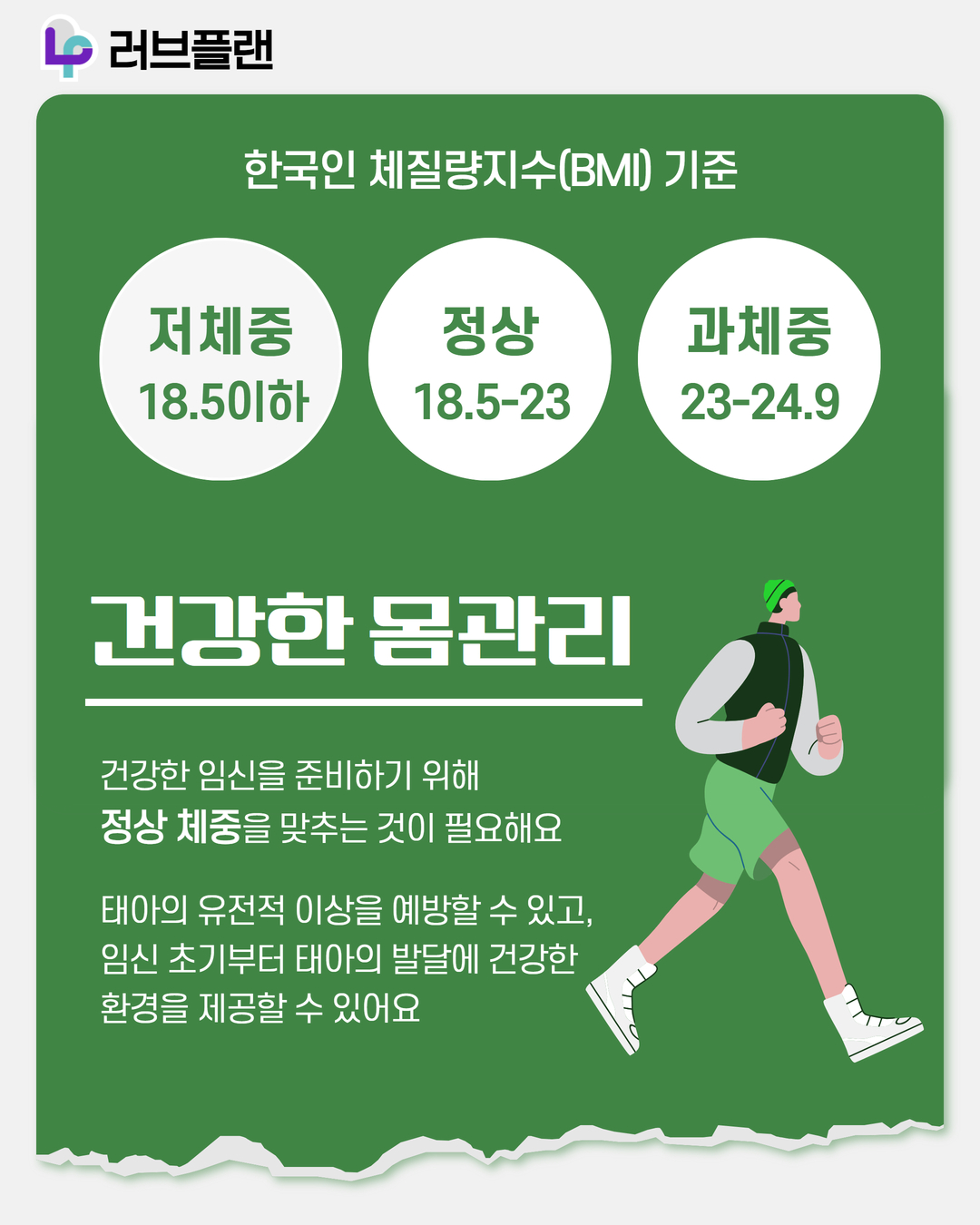 러브플랜 로고, 한국인 체질량지수(BMI)기준, 저체중 18.5이하, 정상 18.5-23, 과체중 23-24.9, 건강한 몸관리, 건강한 임신을 준비하기 위해 정상 체중을 맞추는 것이 필요해요 태아의 유전적 이상을 예방할 수 있고, 임신 초기부터 태아의 발달에 건강한 환경을 제공할 수 있어요