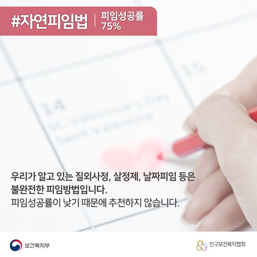 #자연피임법 피임성공률 75%, 우리가 알고 있는 질외사정, 살정제, 날짜피임 등은 불완전한 피임방법입니다. 피임성공률이 낮기 때문에 추천하지 않습니다.